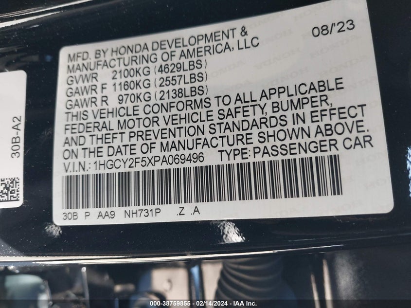 VIN 1HGCY2F5XPA069496 2023 HONDA ACCORD HYBRID SPORT
