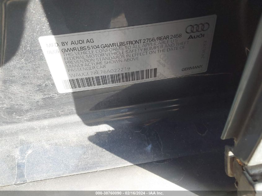 2006 Audi S4 4.2 VIN: WAUGL78E76A022219 Lot: 38760090