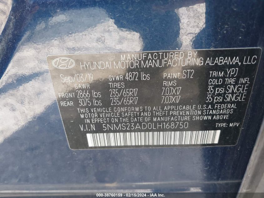 2020 Hyundai Santa Fe Se VIN: 5NMS23AD0LH168750 Lot: 38760159