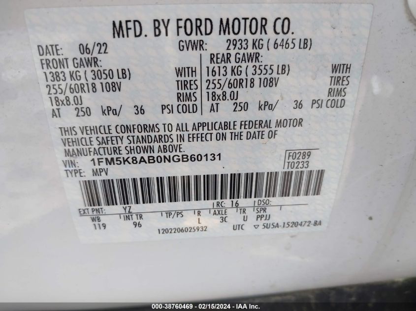 2022 Ford Police Interceptor Utility VIN: 1FM5K8AB0NGB60131 Lot: 38760469