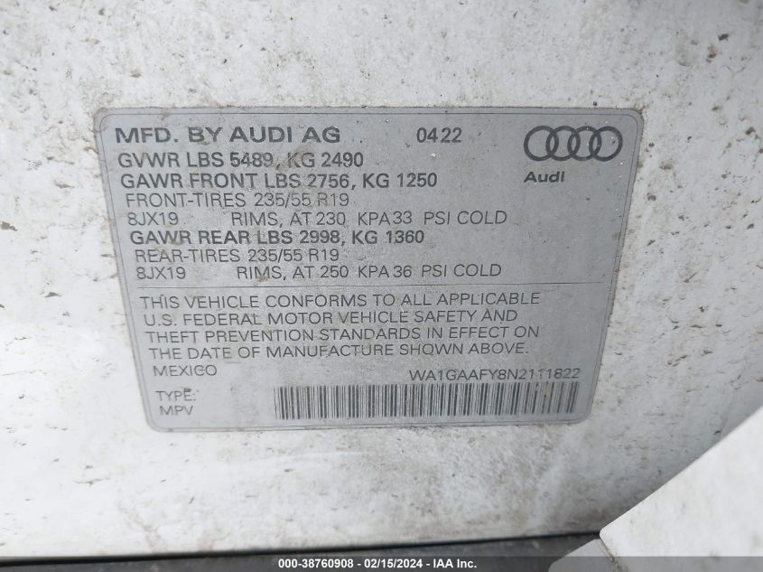 WA1GAAFY8N2111822 2022 AUDI Q5, photo no. 9