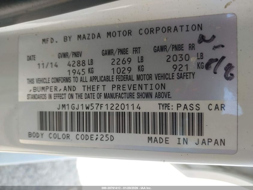 2015 Mazda Mazda6 I Grand Touring VIN: JM1GJ1W57F1220114 Lot: 38761413