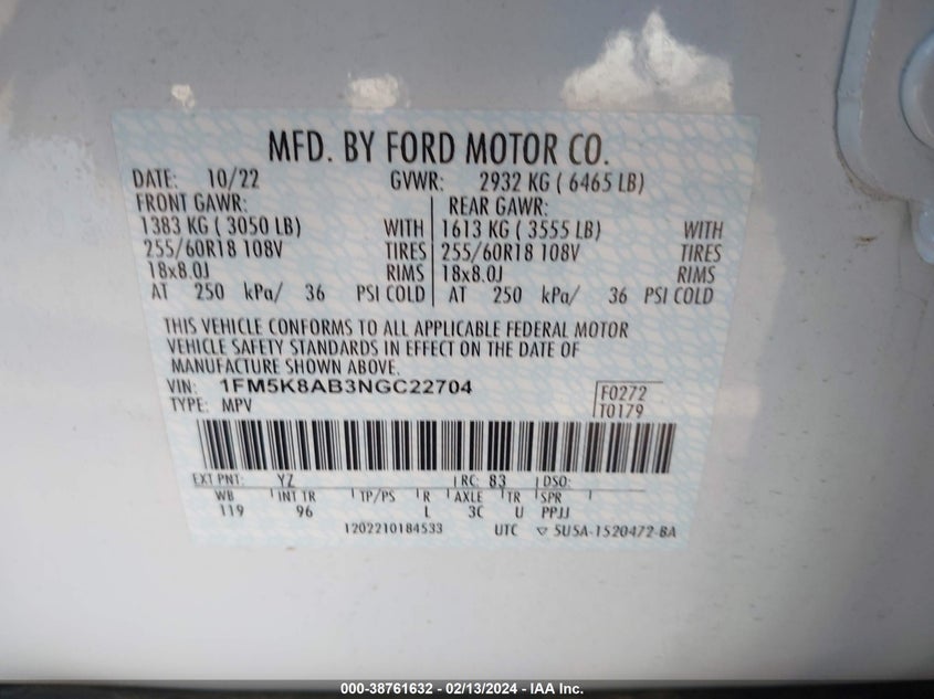 VIN 1FM5K8AB3NGC22704 2022 FORD POLICE INTERCEPTOR UTILITY