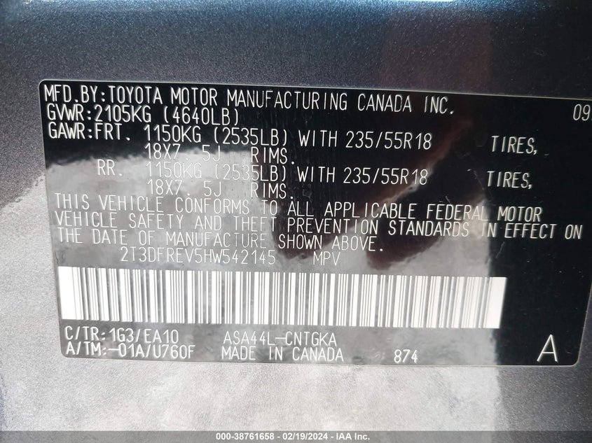 VIN 2T3DFREV5HW542145 2017 TOYOTA RAV4 LIMITED