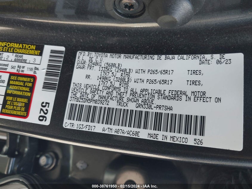 2023 TOYOTA TACOMA 3.5L V6   N(VIN: 3TMBZ5DN5PM039272