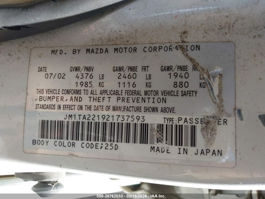 2002 Mazda Millenia P/Ps VIN: JM1TA221921737593 Lot: 38762033