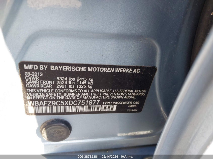 2013 BMW ACTIVEHYBRID 5 WBAFZ9C5XDC751877