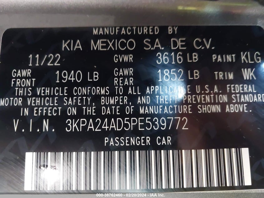 VIN 3KPA24AD5PE539772 2023 KIA RIO S