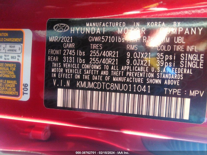 2022 Genesis Gv70 3.5T Awd Sport VIN: KMUMCDTC8NU011041 Lot: 38762701