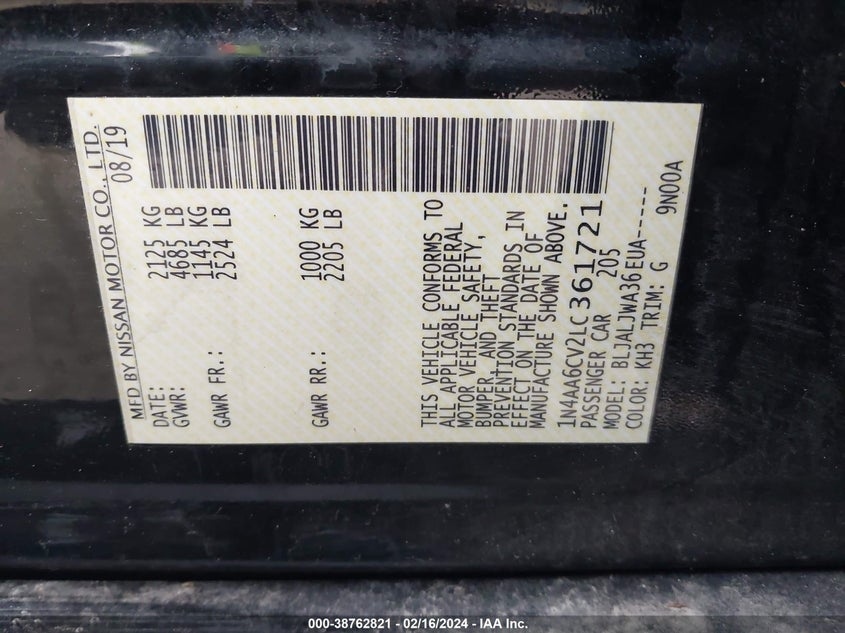 2020 NISSAN MAXIMA SV - 1N4AA6CV2LC361721