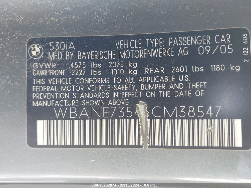 2006 BMW 530I VIN: WBANE73546CM38547 Lot: 38762874