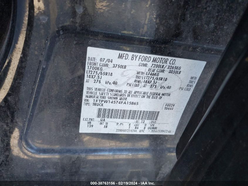 1FTPW14574FA15865 2004 Ford F-150 Fx4/Lariat/Xlt