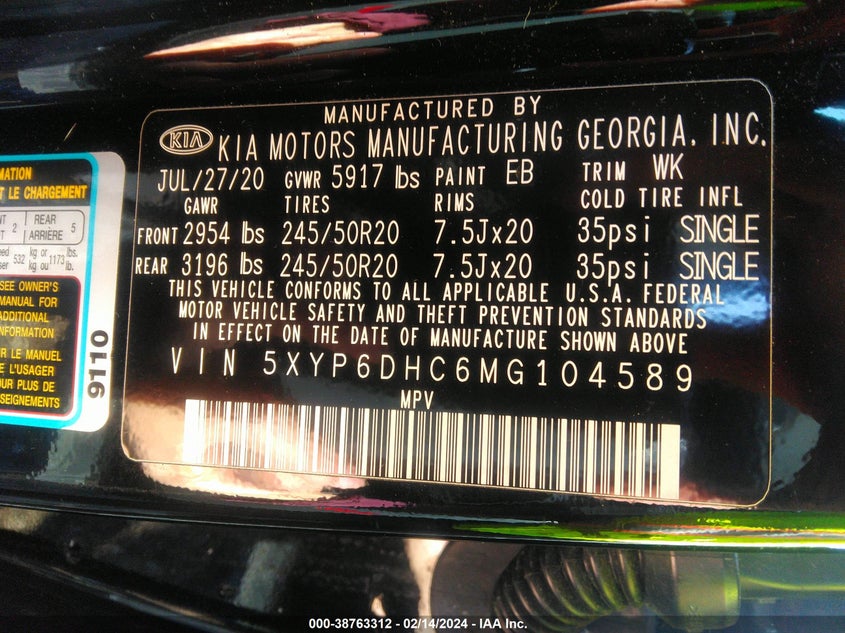 VIN 5XYP6DHC6MG104589 2021 KIA TELLURIDE S