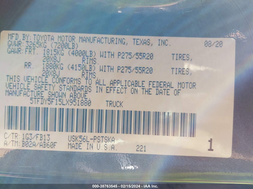 2020 TOYOTA TUNDRA VIN: 5TFDY5F15LX951880