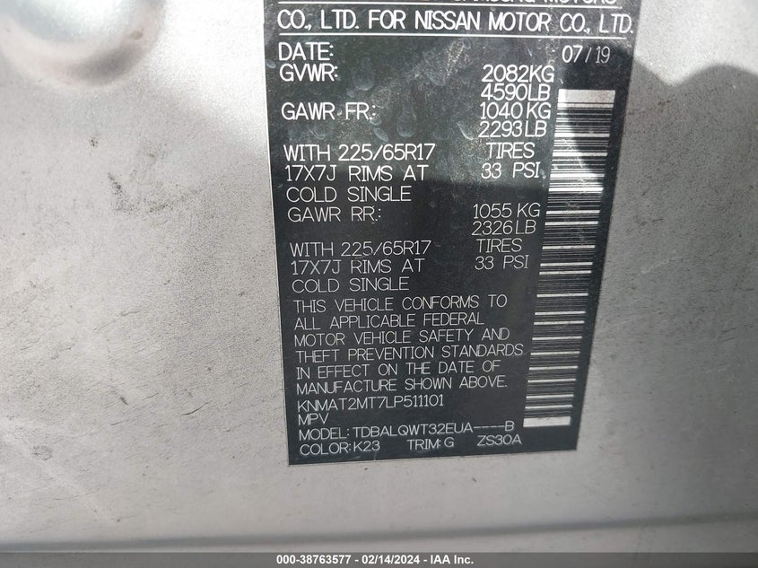 VIN KNMAT2MT7LP511101 2020 NISSAN ROGUE SV FWD