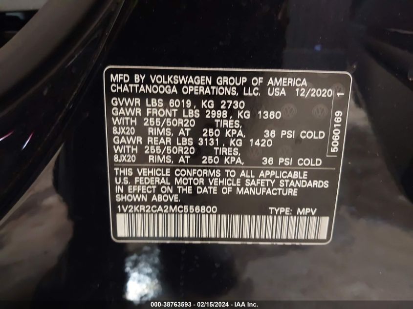 2021 Volkswagen Atlas 3.6L V6 Se W/Technology VIN: 1V2KR2CA2MC556800 Lot: 38763593