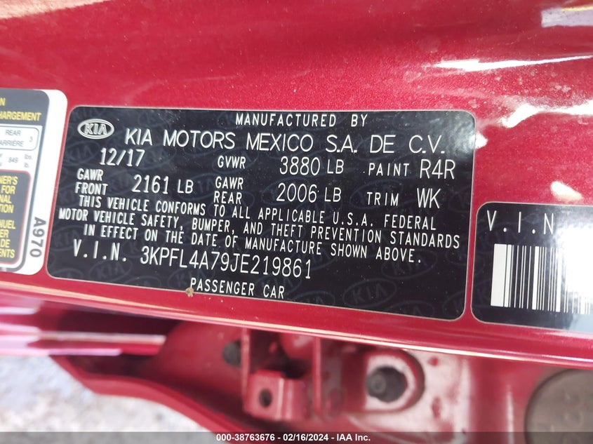 VIN 3KPFL4A79JE219861 2018 KIA FORTE S