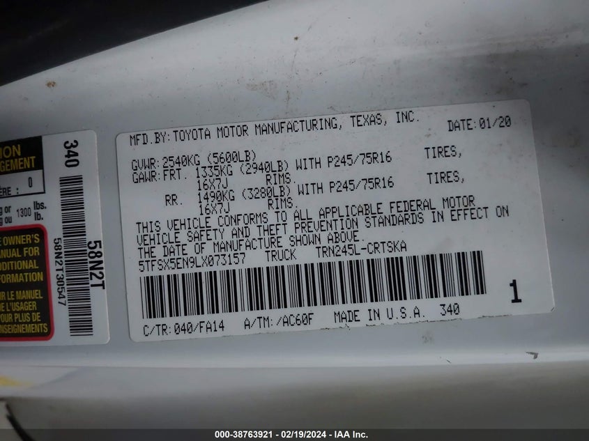 2020 TOYOTA TACOMA ACCESS CAB/SR/SR5 - 5TFSX5EN9LX073157