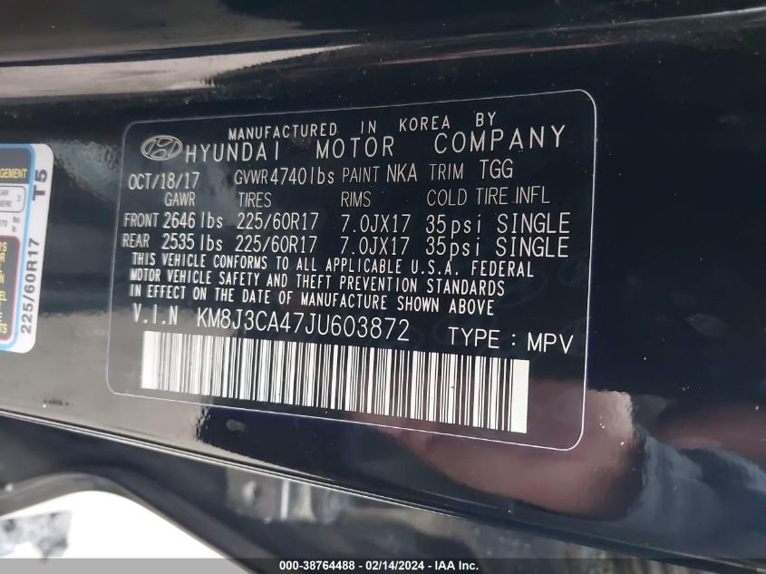 KM8J3CA47JU603872 2018 Hyundai Tucson Sel