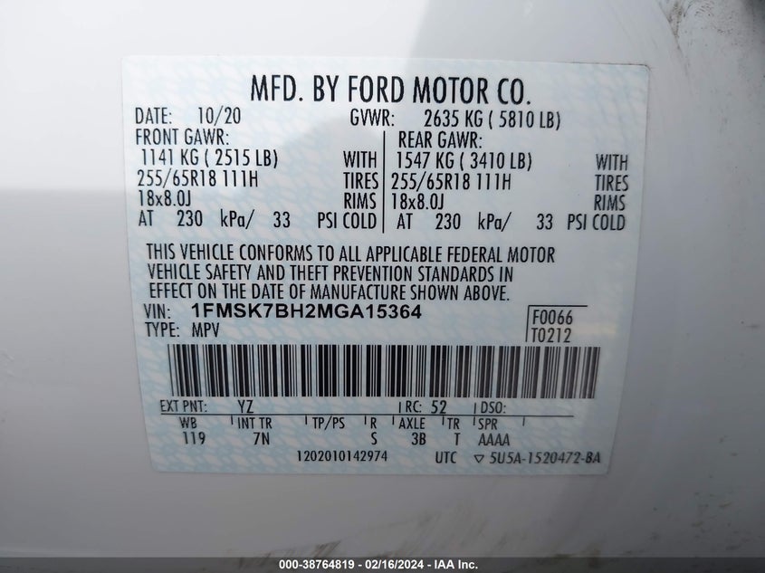 2021 FORD EXPLORER 2.3L I4 FI DOHC 16V (VIN: 1FMSK7BH2MGA15364