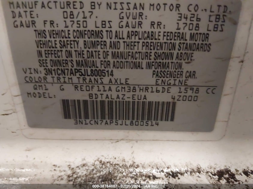 2018 NISSAN VERSA 1.6 S+ - 3N1CN7AP5JL800514