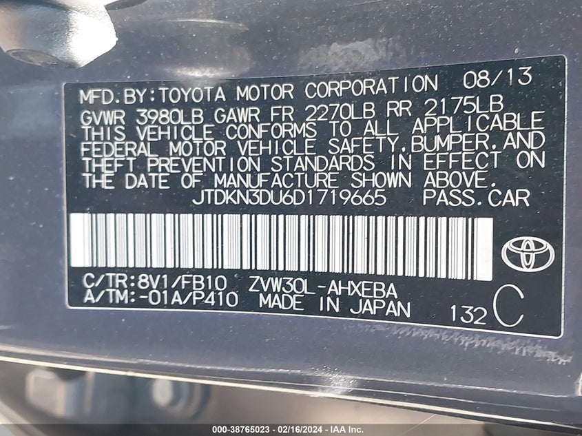 2013 TOYOTA PRIUS VIN: JTDKN3DU6D1719665