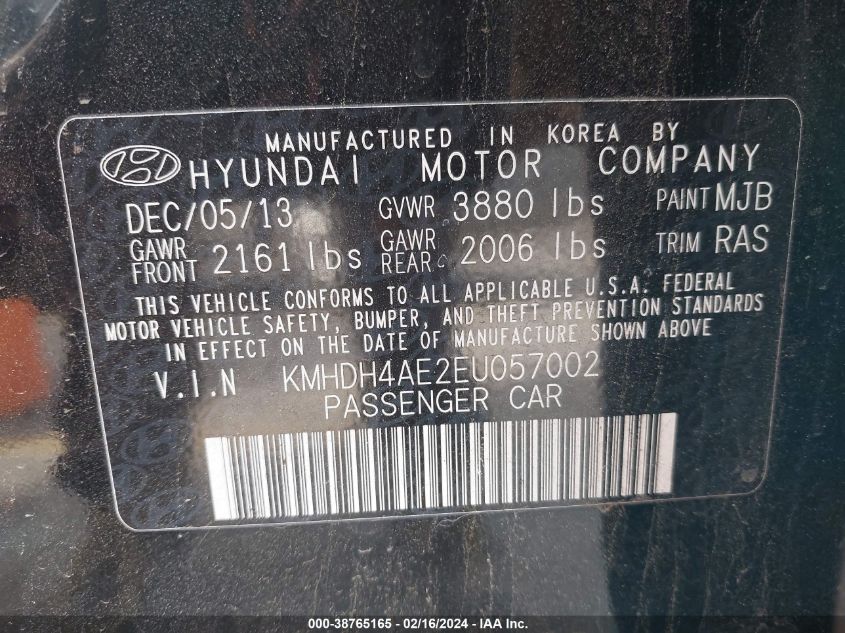 2014 Hyundai Elantra Limited VIN: KMHDH4AE2EU057002 Lot: 38765165