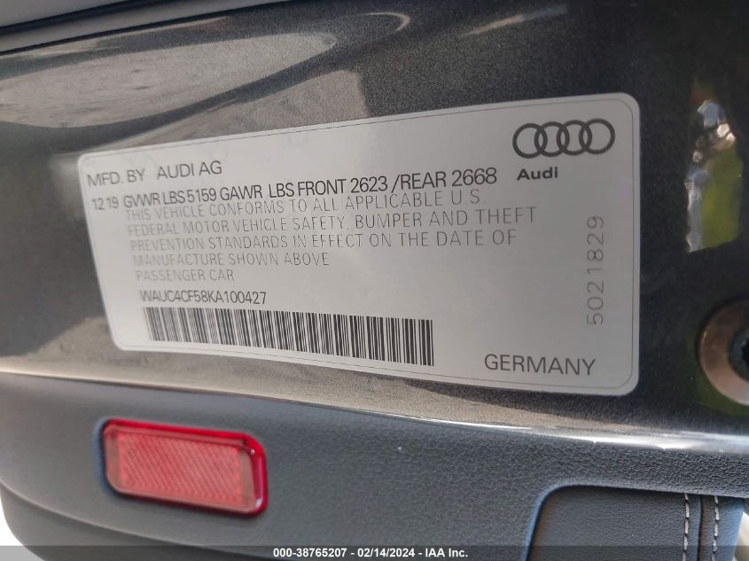 VIN WAUC4CF58KA100427 2019 AUDI S5 no.9