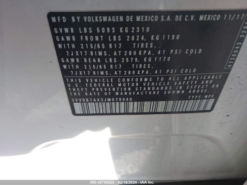 2018 VOLKSWAGEN TIGUAN S - 3VV0B7AX3JM079940