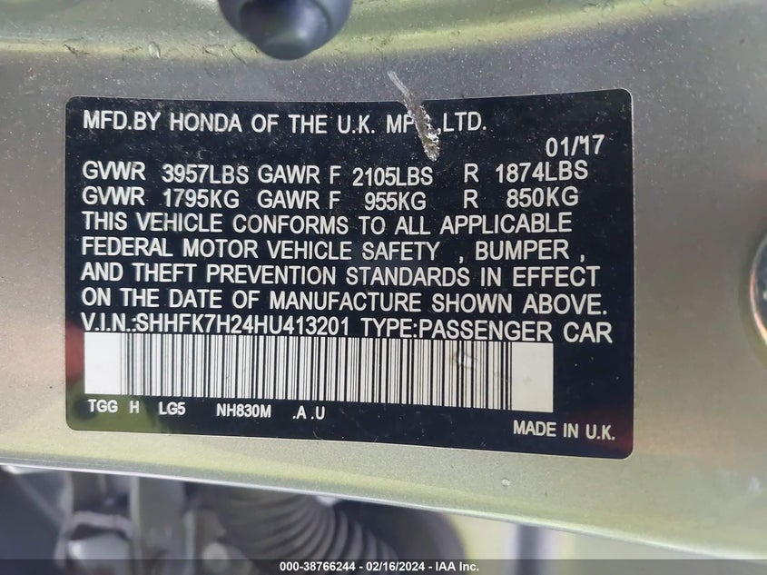 2017 HONDA CIVIC VIN: SHHFK7H24HU413201