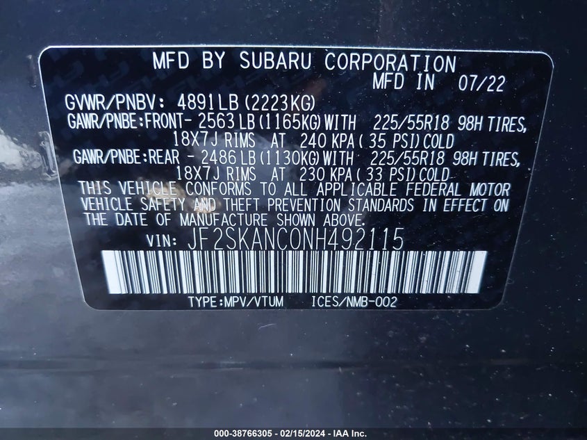 VIN JF2SKANC0NH492115 2022 SUBARU FORESTER LIMITED