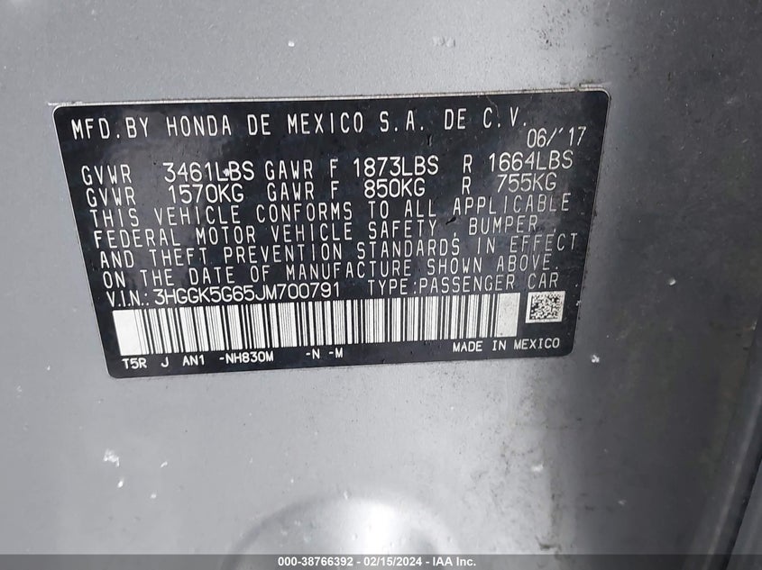 VIN 3HGGK5G65JM700791 2018 HONDA FIT SPORT