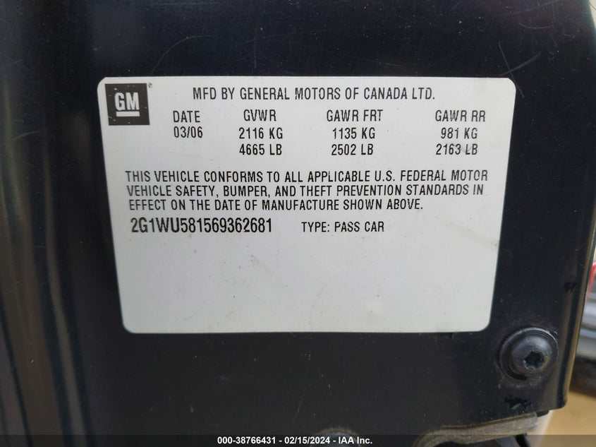 2006 CHEVROLET IMPALA VIN: 2G1WT58K969425017
