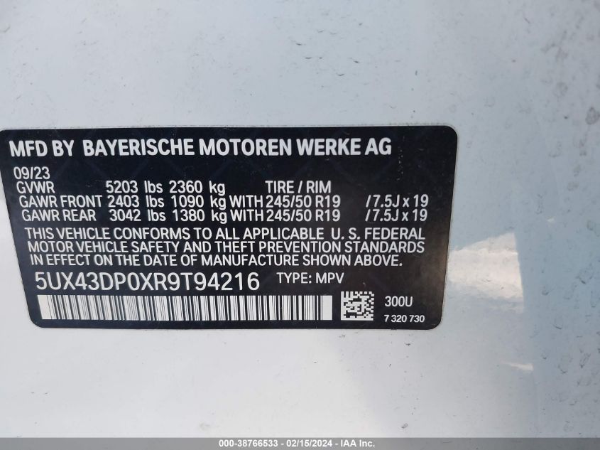 2024 BMW X3 Sdrive30I VIN: 5UX43DP0XR9T94216 Lot: 38766533