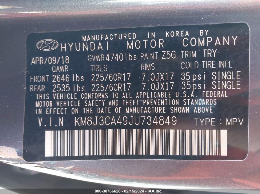 KM8J3CA49JU734849 2018 Hyundai Tucson Sel