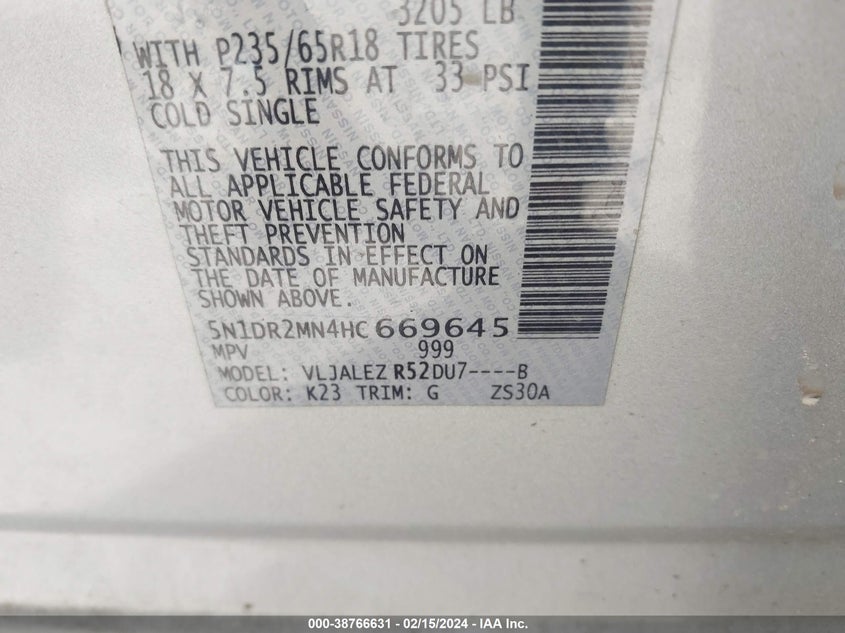 VIN 5N1DR2MN4HC669645 2017 NISSAN PATHFINDER SV