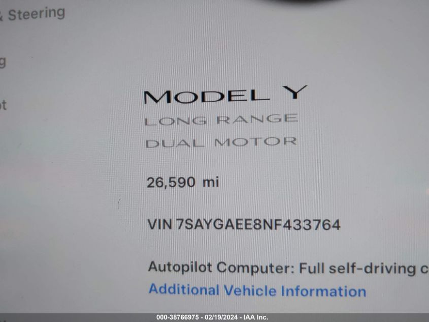 2022 Tesla Model Y Long Range Dual Motor All-Wheel Drive VIN: 7SAYGAEE8NF433764 Lot: 38766975