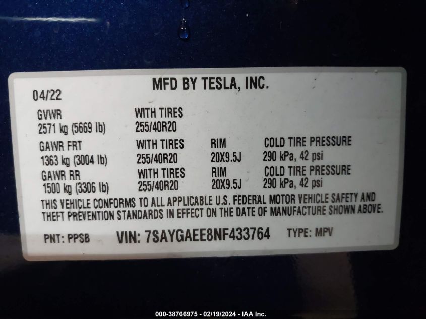 2022 Tesla Model Y Long Range Dual Motor All-Wheel Drive VIN: 7SAYGAEE8NF433764 Lot: 38766975