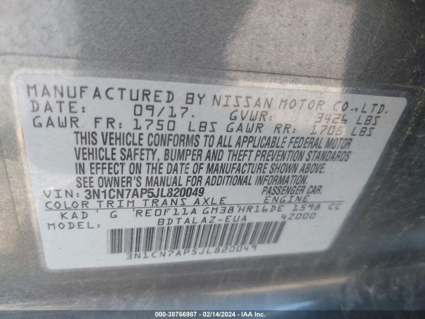 3N1CN7AP5JL820049 2018 Nissan Versa 1.6 S+