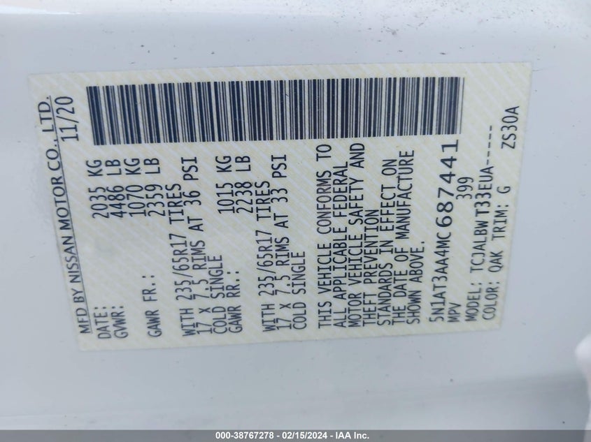 VIN 5N1AT3AA4MC687441 2021 NISSAN ROGUE S