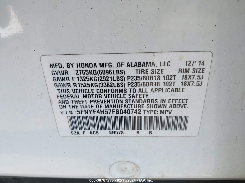 2015 HONDA PILOT EX-L - 5FNYF4H57FB040742