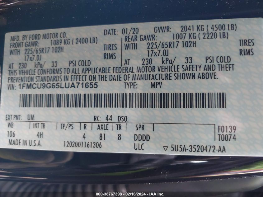 Ford Escape 2020 -auction- 8