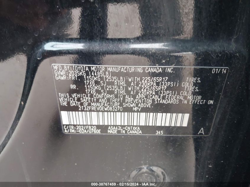 2T3ZFREV0EW083270 2014 Toyota Rav4 Le