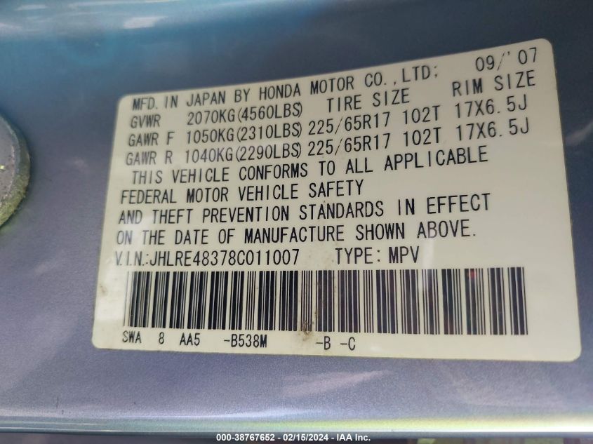2008 Honda Cr-V Lx VIN: JHLRE48378C011007 Lot: 38767652