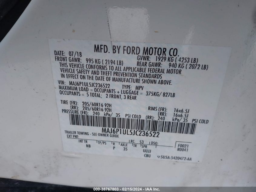 MAJ6P1UL5JC236522 2018 Ford Ecosport Se