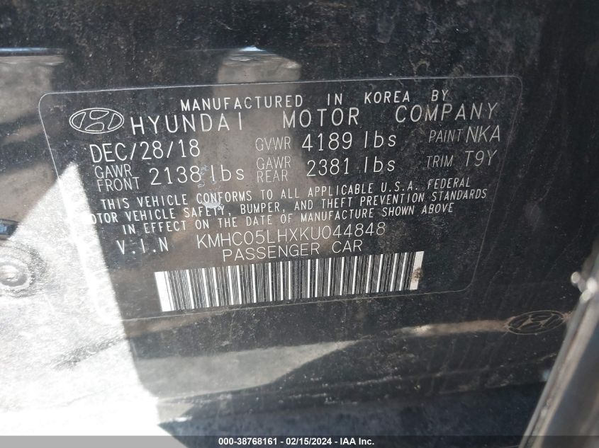 2019 Hyundai Ioniq Electric Limited VIN: KMHC05LHXKU044848 Lot: 38768161