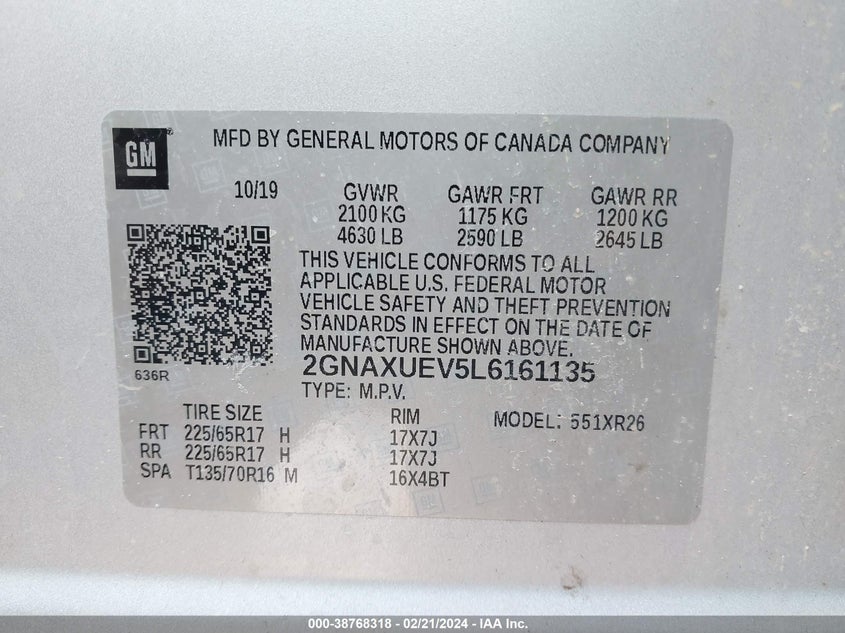 2020 CHEVROLET EQUINOX AWD LT 1.5L TURBO - 2GNAXUEV5L6161135