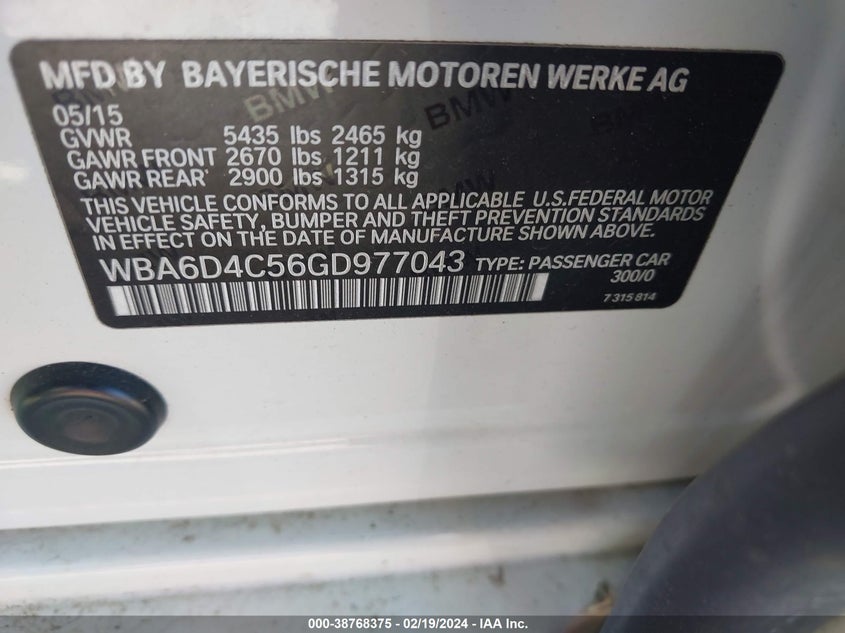 2016 BMW 650I GRAN COUPE - WBA6D4C56GD977043