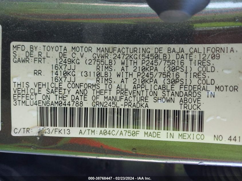 2010 Toyota Tacoma Base V6 VIN: 3TMLU4EN6AM044788 Lot: 38768447