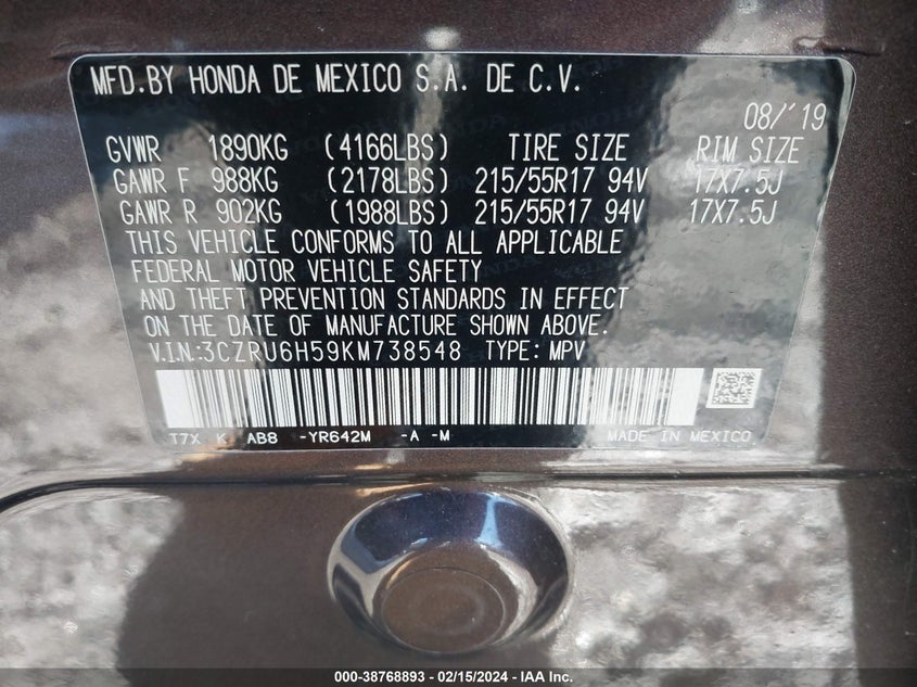 VIN 3CZRU6H59KM738548 2019 HONDA HR-V EX